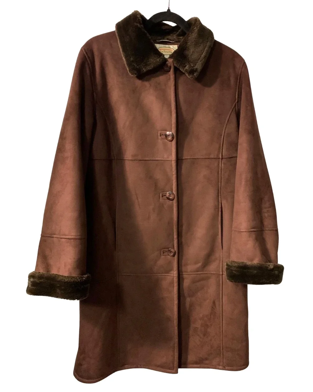 Talbots Womens Retro Faux Suede Jacket Size M Chocolate Brown Faux Fur Trim